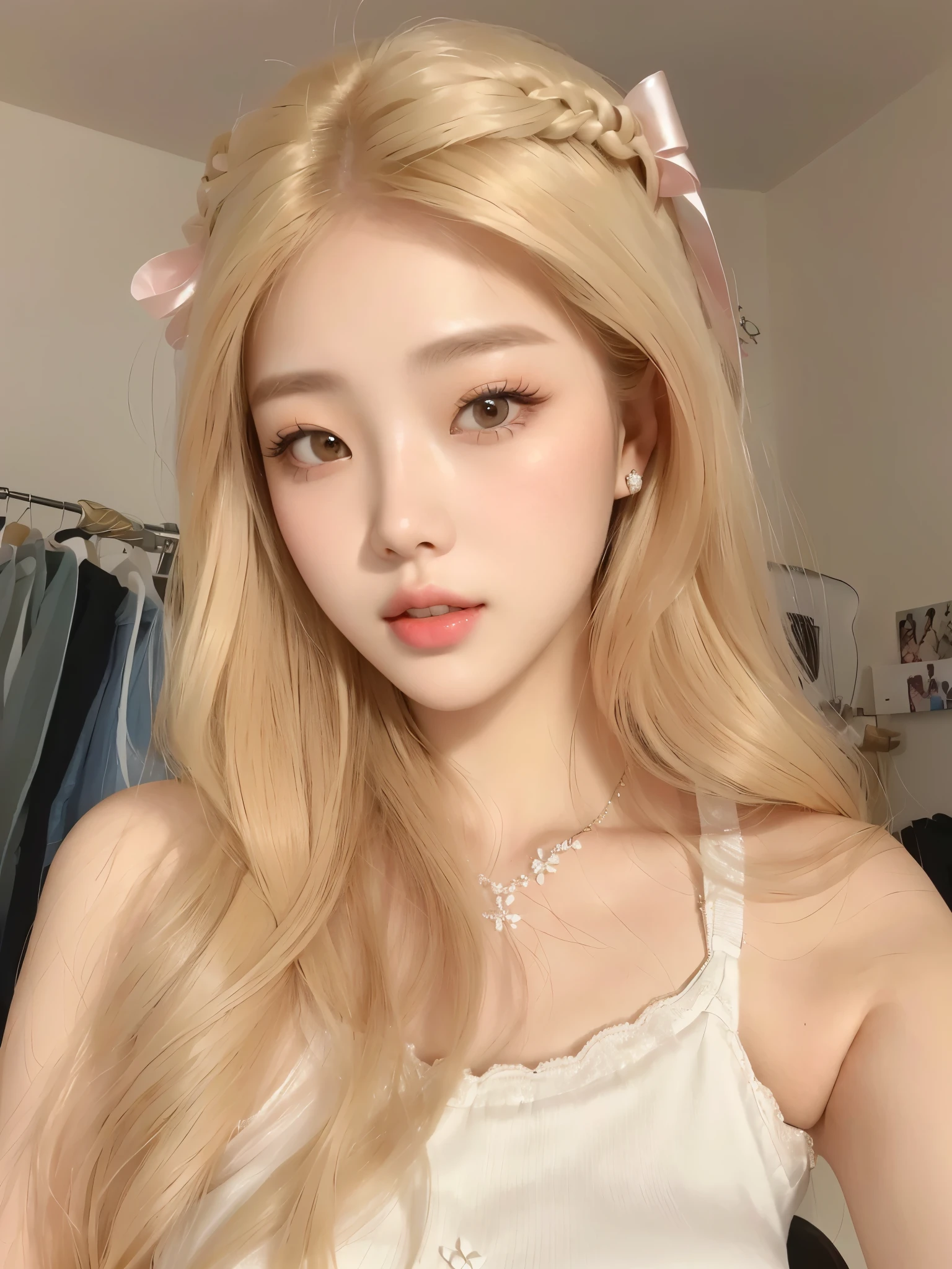 un primer plano de una mujer con cabello largo y rubio con un vestido blanco, bella delfina, maquillaje popular de corea del sur, muchacha coreana, ulzzang, Maquillaje coreano popular, very very pale blonde hair, extremely pale blonde hair, parque roseanne de blackpink, hermosa mujer surcoreana, hermosa joven coreana, hermosa joven coreana, joven y adorable rostro coreano