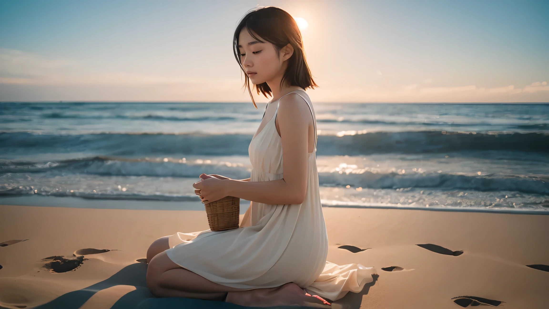 sally ann, Photograph of a quiet beach at sunset, Pastel colors caress the figure in a flowing beige dress, embodying tranquility、 ., Mysterious, Model Body, Santa Monica Beach, California beaches, Beautiful Asian Girl, Very detailed, photographrealistic, photograph, Gentle Calm Dreamy May 25th 2024 C Sitting on the Sand#Major
528Hz
Hi-Fi
