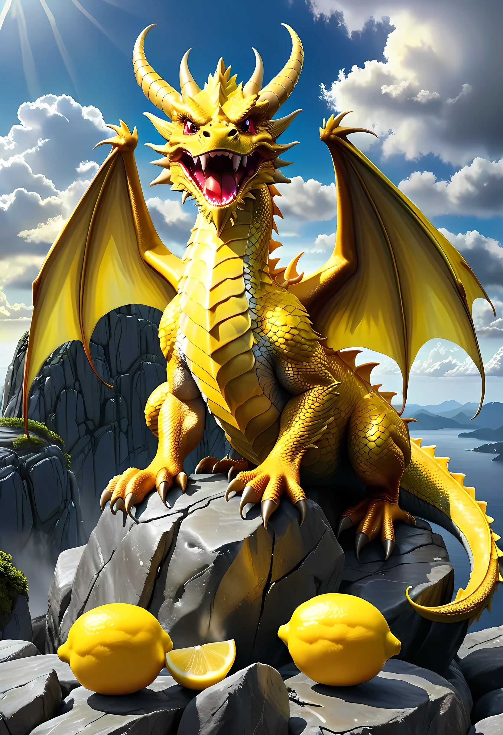 a picture of a gold dragon sitting on a massive rock (((eating a lemon: 1.3))) lemon in the mouth (eating lemon: 1.5) (best details, Masterpiece, best quality :1.5), dragon_real cloudy skies background, an epic gold dragon (best details, Masterpiece, best quality :1.5) extremely detailed dragon,  horns, dragon_wings, dragon wings wide spread, ultra detailed face, the lemon is juicy dripping juice on the rock (best details, Masterpiece, best quality :1.3), birds view, sun rays, red divine rays, sun rays reflected in clouds (best details, Masterpiece, best quality :1.5), sense of serenity sense of awe majestic atmosphere, ultra best realistic, best details, best quality, 16k, [ultra detailed], masterpiece, best quality, (extremely detailed), ultra wide shot, photorealism, depth of field, hyper realistic painting,