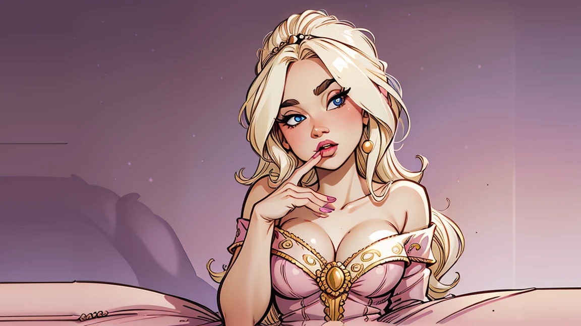 "A beautifully detailed portrait of a Nordic princess named Leona. Leona has long, straight blonde hair styled with pearls and ribbons. She is dressed in an elegant off-shoulder dress that accentuates her curves. Her face is perfectly made up with heavy makeup, including layers of foundation, eyeshadow, and ((glossy lipstick)). She has fair skin and ((blue eyes)). She is sitting with her hands in front of her, prominently showcasing her impeccably polished, ((glossy pink nails)). The background includes an opulent bed and ornate decorations, reflecting the grandeur and wealth of the palace. Leona looks sad, with an expression that conveys a deep sense of sorrow. The image should focus on vibrant colors and a soft, illustrative look."
