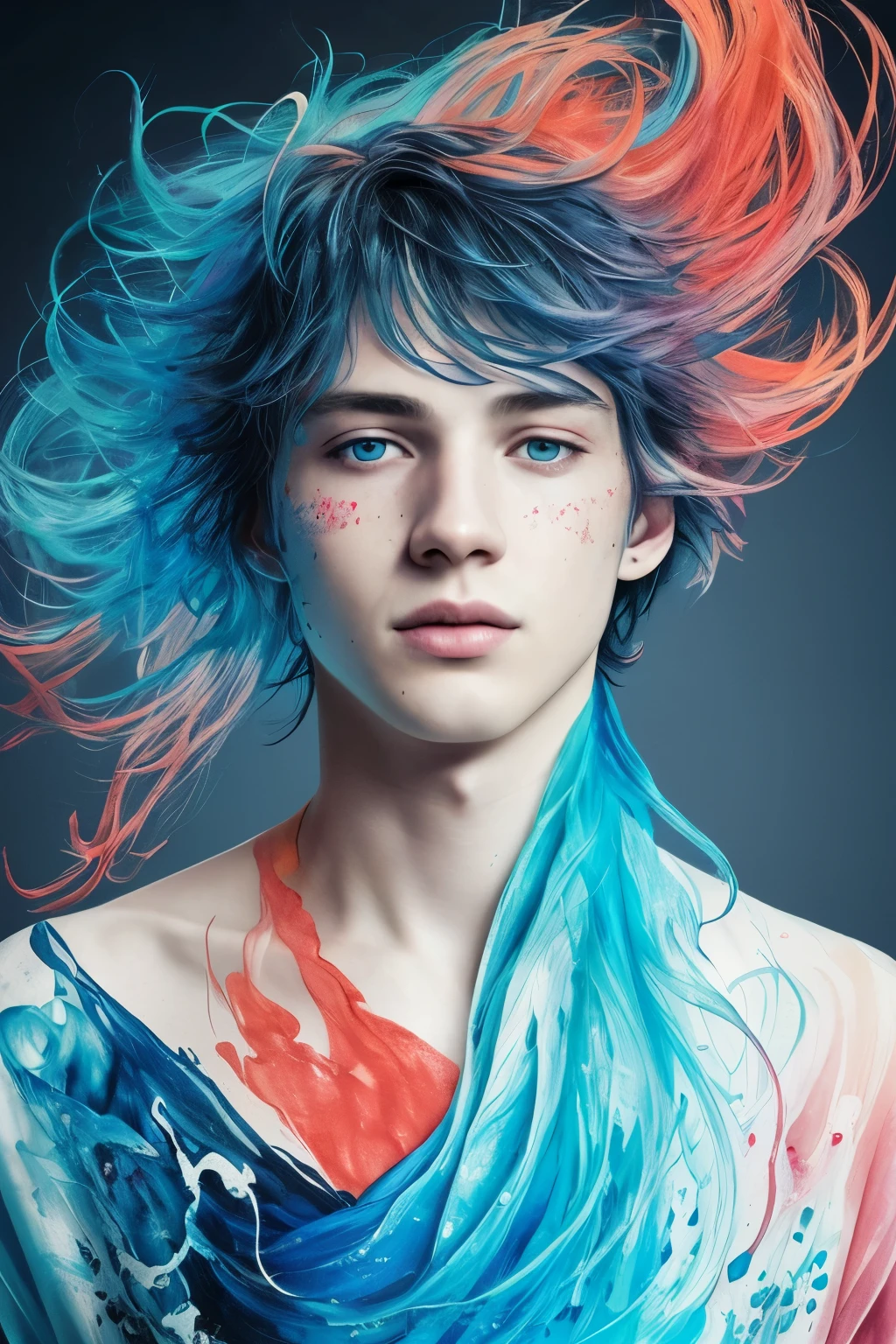 colorful youth:25 years old boy, blue messy hair, oil painted, perfect face, perfect face, intricate image, shades of blue,light red color added, 8K resolution,ArtStation digital painting, it is smooth and a lot of black ink flow :photorealistic masterpiece:intricately detailed fluid gouache painting:Written by keanu heraver:calligraphy:propylene:watercolor art,Professionally photographed,natural lighting,Minimalist volumetric lighting photo illustration:Written by Marton Bobzert: intricate,Ellegance,Sprawling, magic dream,hair on fire,full of life