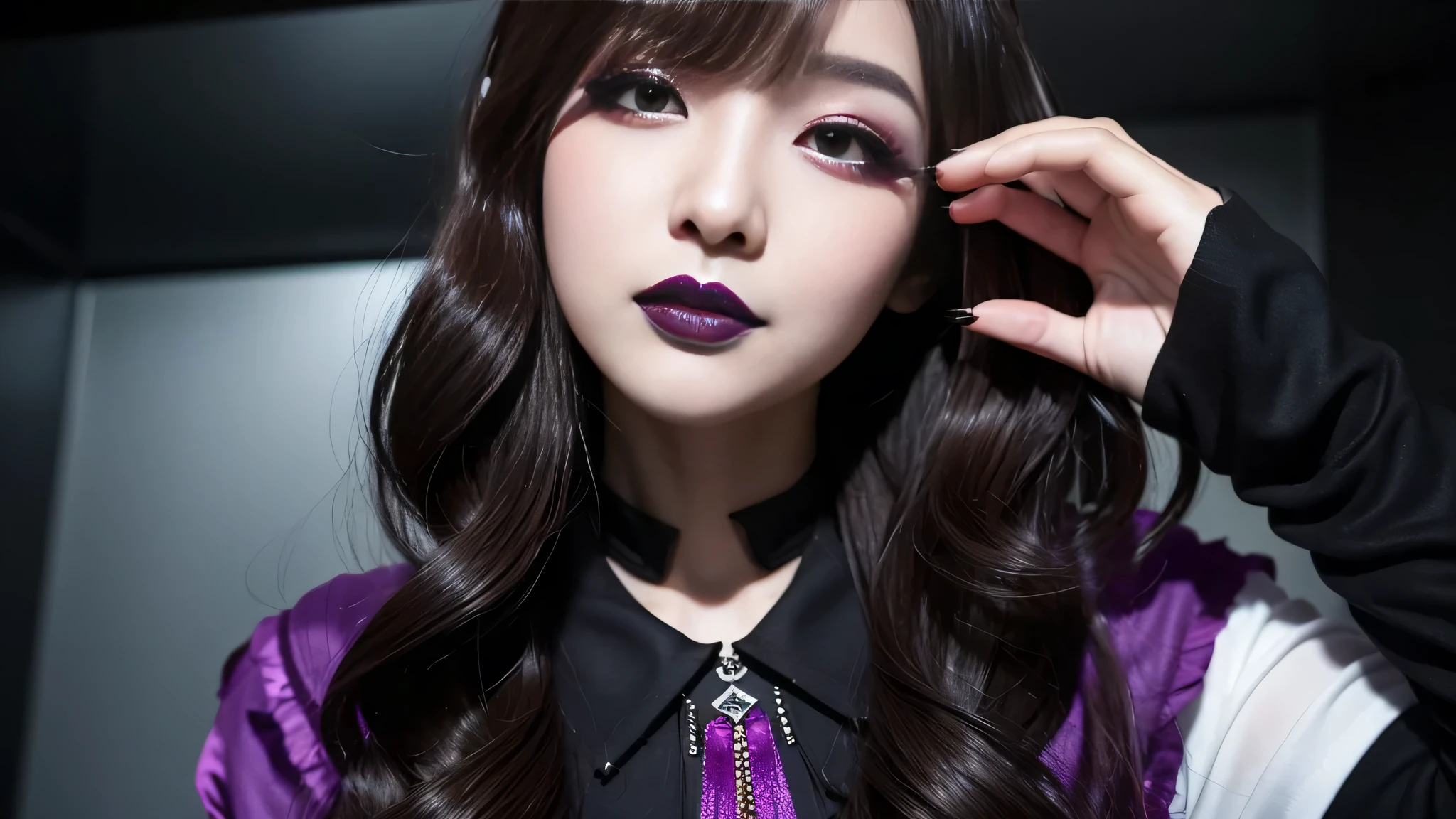 best quality、ultra-detailed、4k、Japanese、Seductive beauty、seductive adult woman、Pretty Woman、cool girl、Villainess、Brainwashed、brainwash、Fallen into evil、smirk、Evil look、Wicked Smile、evil、Brown hair、wavy hair、swept bangs、dark makeup、dark makeup、piercing eyes、hollow eyes,half-closed eyes、Hollow Eyes、purple Eyeshadow、black lipstick、black lipglos、night、inside darkroom、Are standing、shoot from below、Have lipstick、pantyhose、Emblem of Evil、Crest of Darkness、Swear allegiance、I have pledged my allegiance、Dye black、Blackening、Stained with evil、Dyed in darkness、Seduce