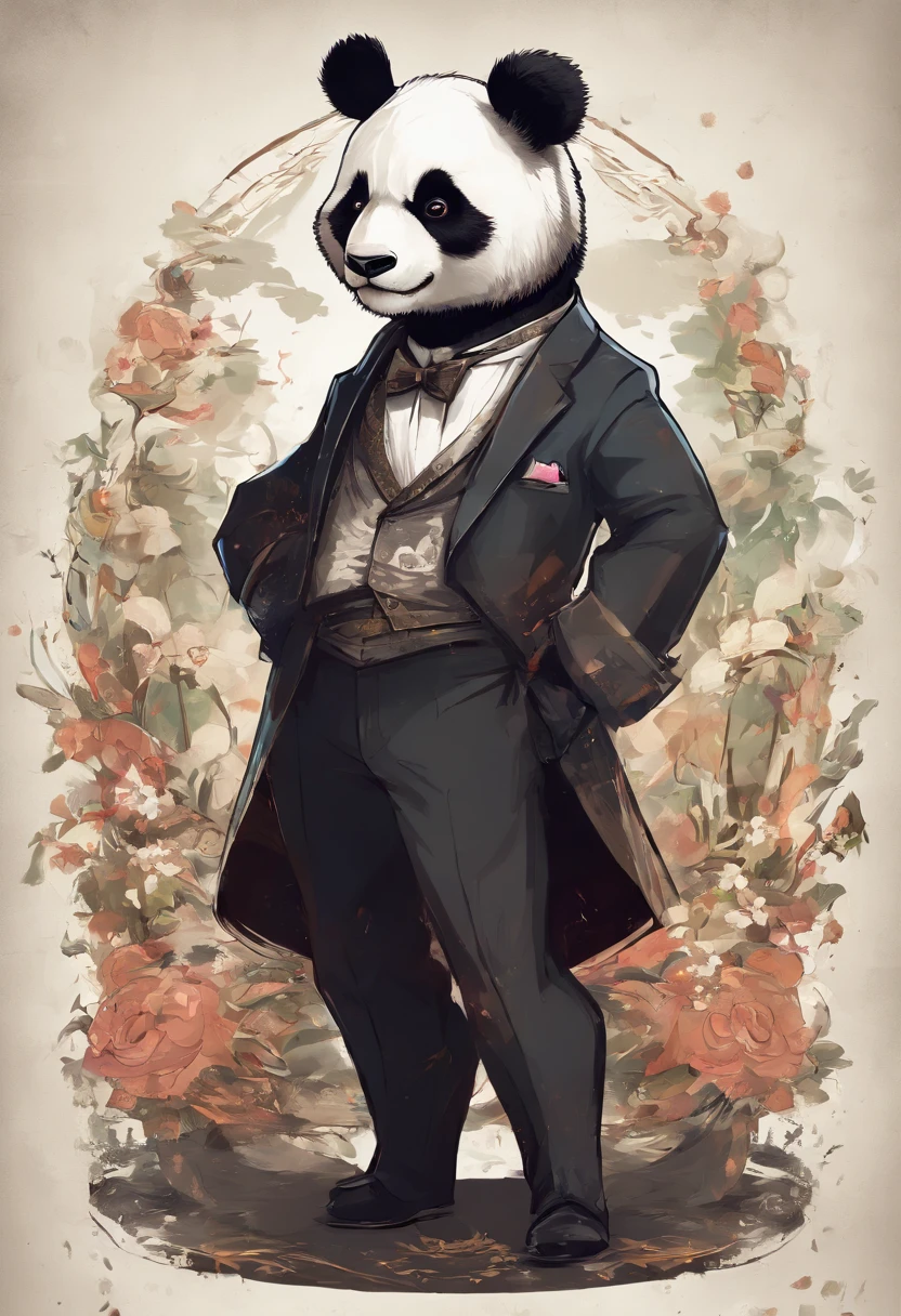 anthropomorphic panda, de cuerpo entero, vestido formalmente con un blazer, sostiene una bandeja, pegatina de panda, sticker de panda.