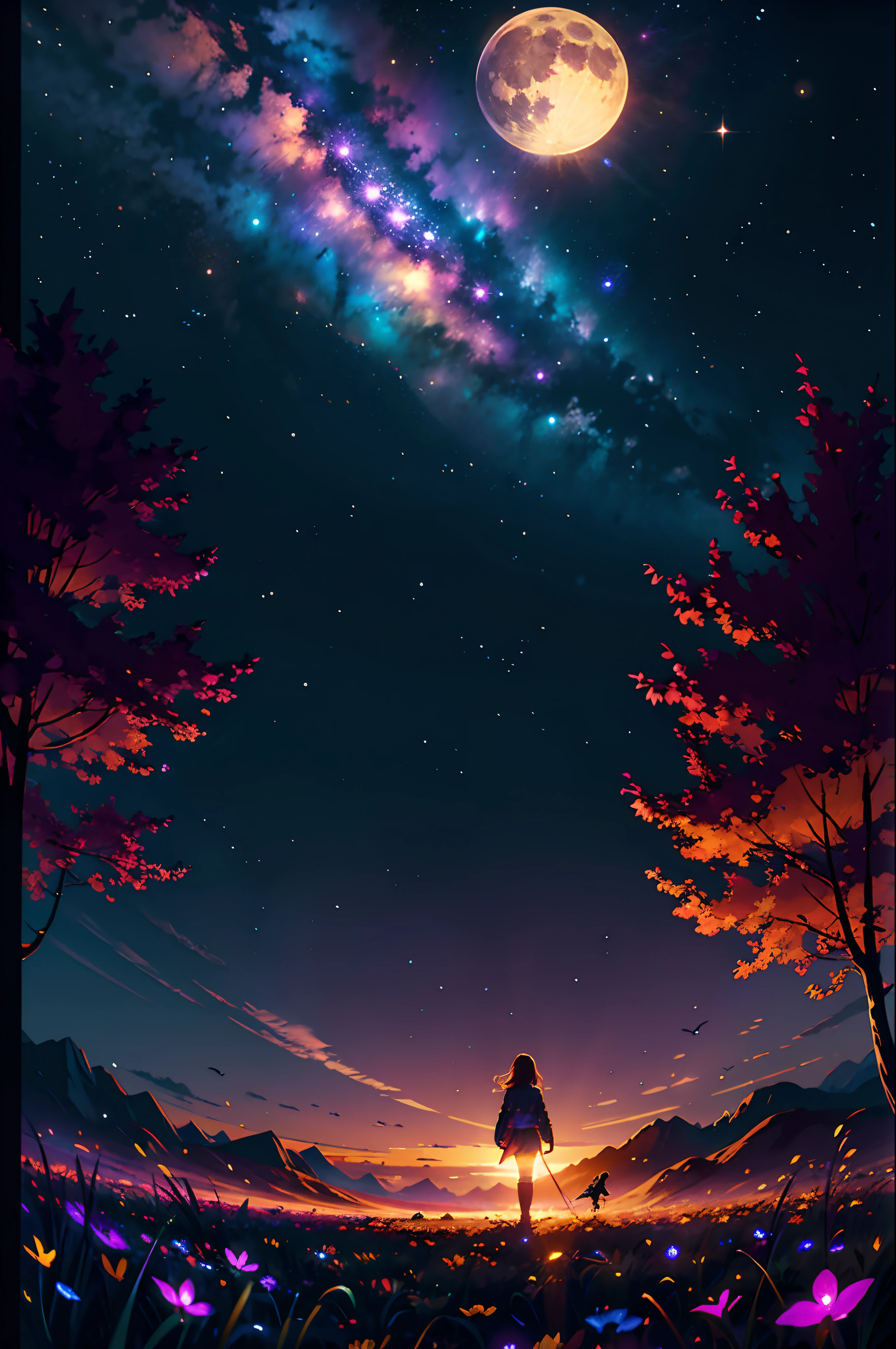 fotografia de paisagem expansiva , (a view from below that shows the sky above and the open countryside below), uma garota parada no campo de flores olhando para cima, (lua cheia:1.2), ( estrelas cadentes:0.9), (nebula:1.3), montanha distante, tree BREAK production art, (fonte de luz quente:1.2), (vaga-lume:1.2), light bulb, muito roxo e laranja, detalhes intrincados, BREAK volumetric lighting
(Obra de arte:1.2), (melhor qualidade), 4k, ultra-detalhado, (dynamic composition:1.4), altamente detalhado, detalhes coloridos,( cores iridescentes:1.2), (bright lighting, Atmospheric Lighting), sonhadores, Magical, (Sozinho:1.2)