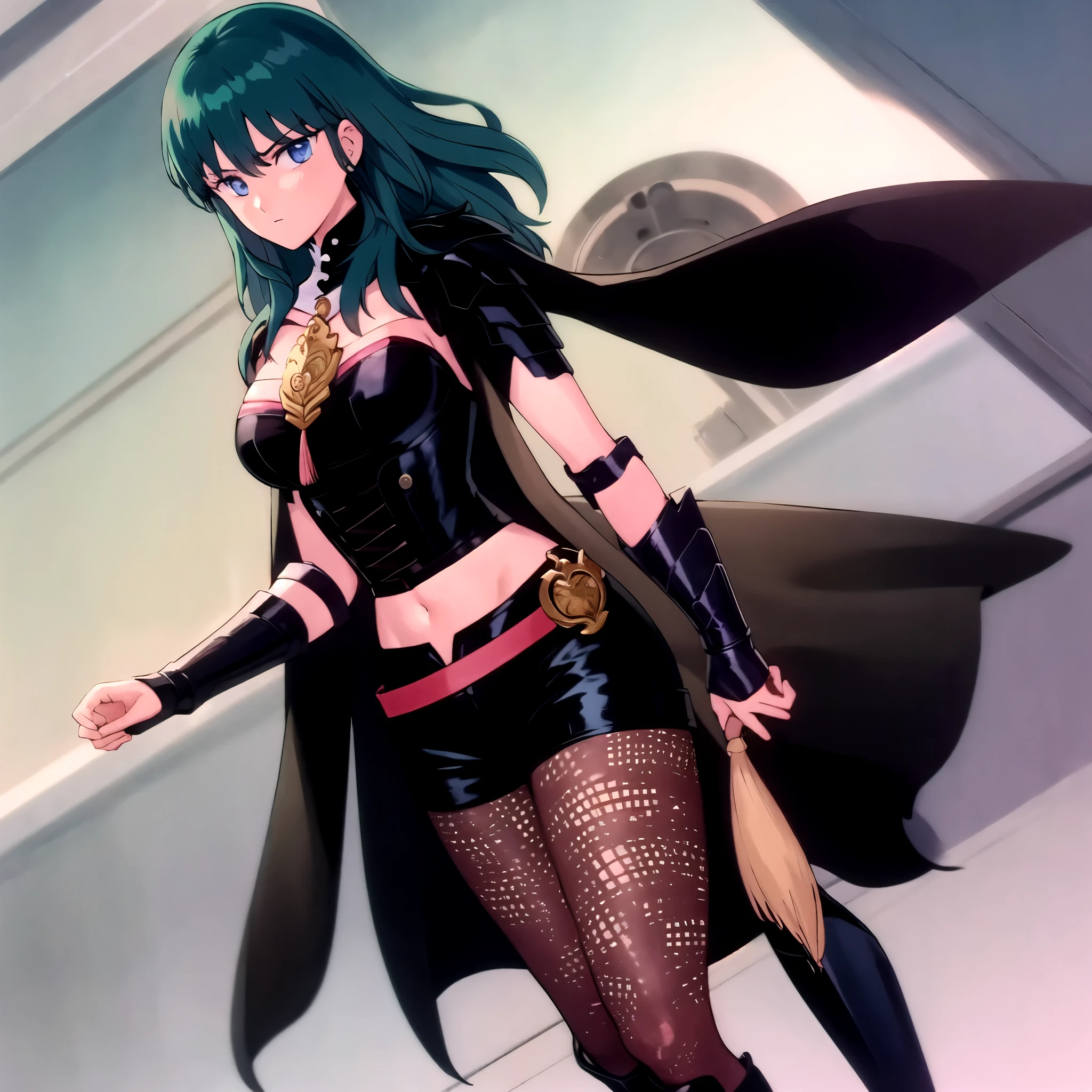 Masterpiece, solo, 1girl, upper body, fembyleth, detached collar, black cape, black crop top, breastplate, tassel, belt, short shorts, gauntlets, patterned pantyhose, high heel boots