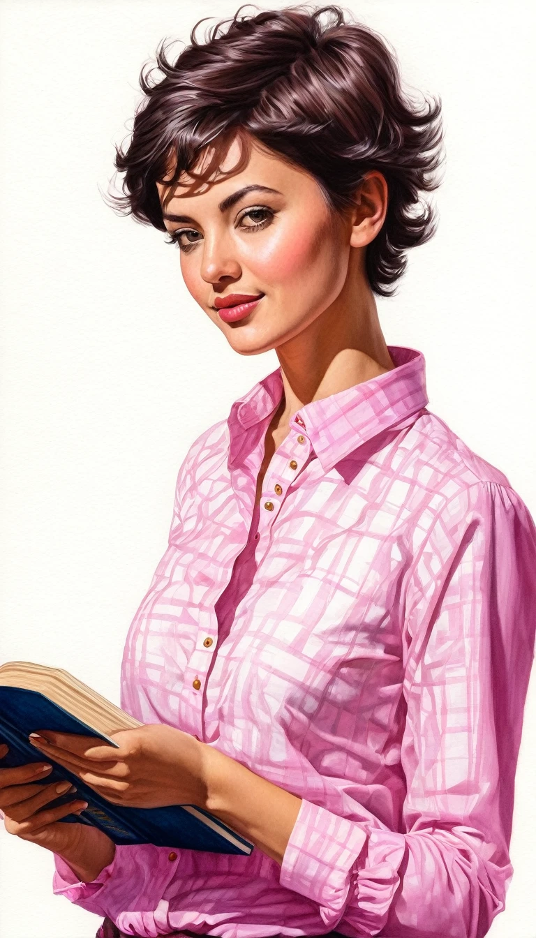 crea una mujer con pelo corte pixie ,con camisa rosa, con un libro ,obra maestra, estilo ilustracion de Ali Erturk, alto detalle, hiperrealista, luz natural,ilustracion , colores llamativos