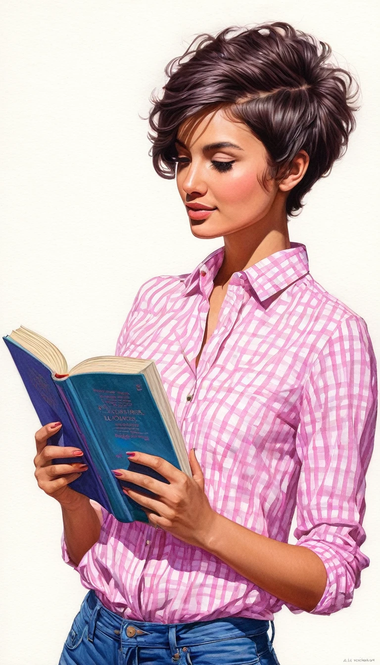 crea una mujer con pelo corte pixie ,con camisa rosa, con un libro ,obra maestra, estilo ilustracion de Ali Erturk, alto detalle, hiperrealista, luz natural,ilustracion , colores llamativos
