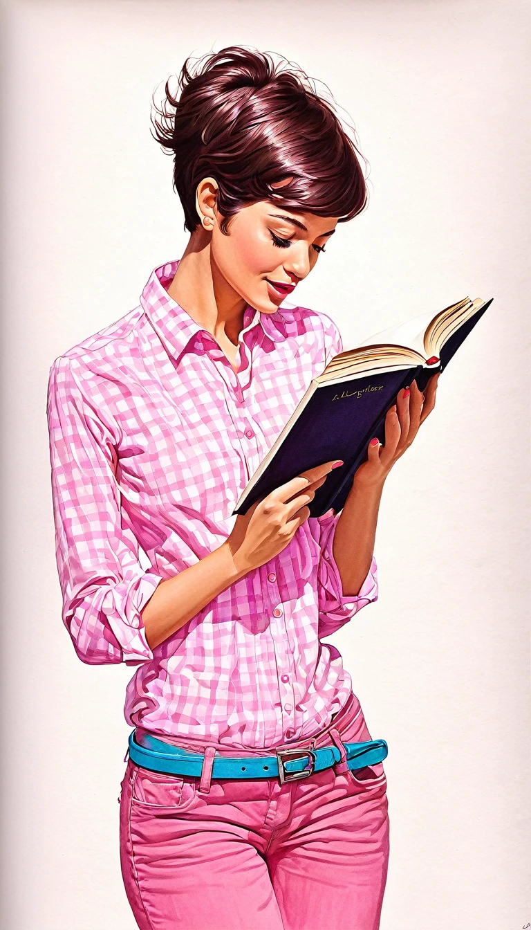 crea una mujer con pelo corte pixie ,con camisa rosa, con un libro ,obra maestra, estilo ilustracion de Ali Erturk, alto detalle, hiperrealista, luz natural,ilustracion , colores llamativos