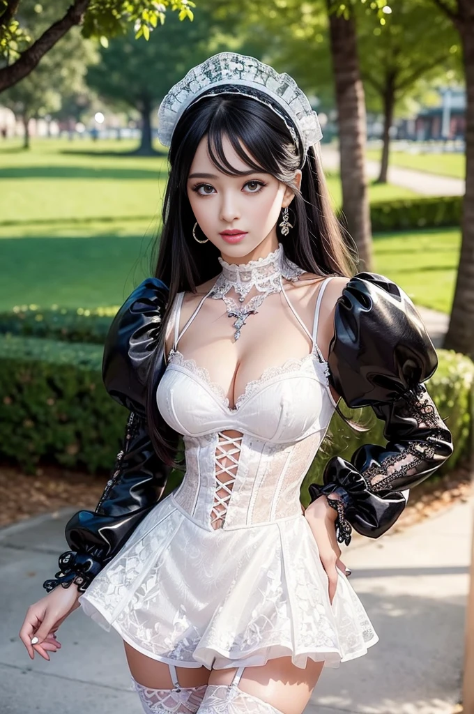 sexy stylish female model, only 1 female, ((doll-like appearance)), ((ultra detailed Victorian-Style boots)), beautiful smile, ultra detailed eyes, vivid eye makeup, lipgloss, long lashes, defined eyebrows, ((sexy Paradise Kiss cosplay)), bell-shaped skirt, petticoats, high neckline, puffed sleeves, (( ultra detailed lace)), ((ultra detailed embroidery)), intricate details, Paradise Kiss accessoires and matching headpiece, choker, ((large sparkling Paradise Kiss jewelry)), cinematic light, detailed large park background with trees