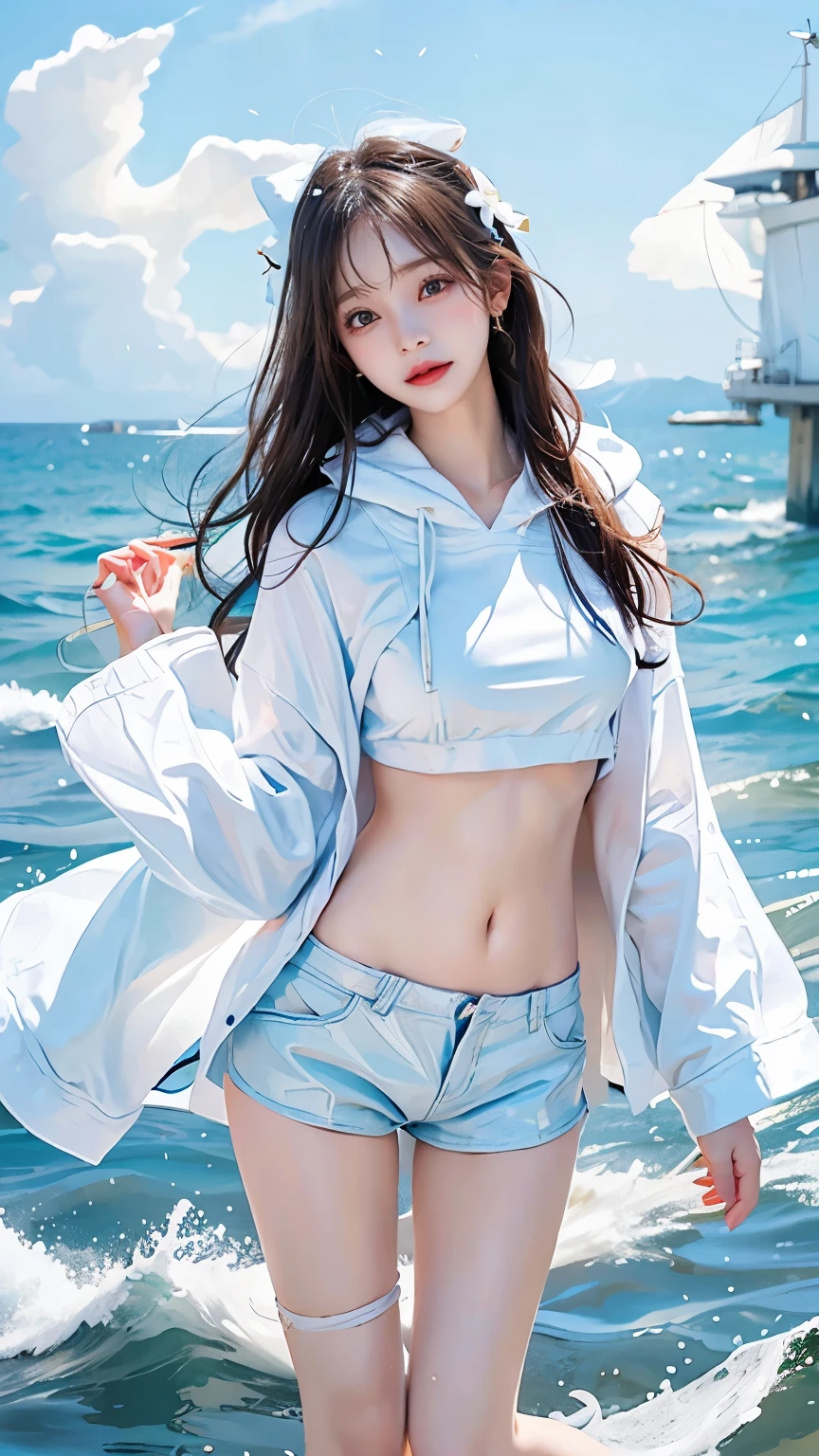 In the clear blue sea、Wearing a white hoodie fluttering in the wind、A woman wearing shorts、standing on the waves。Her hair is long、Shine white、Swaying in the waves。belly on。