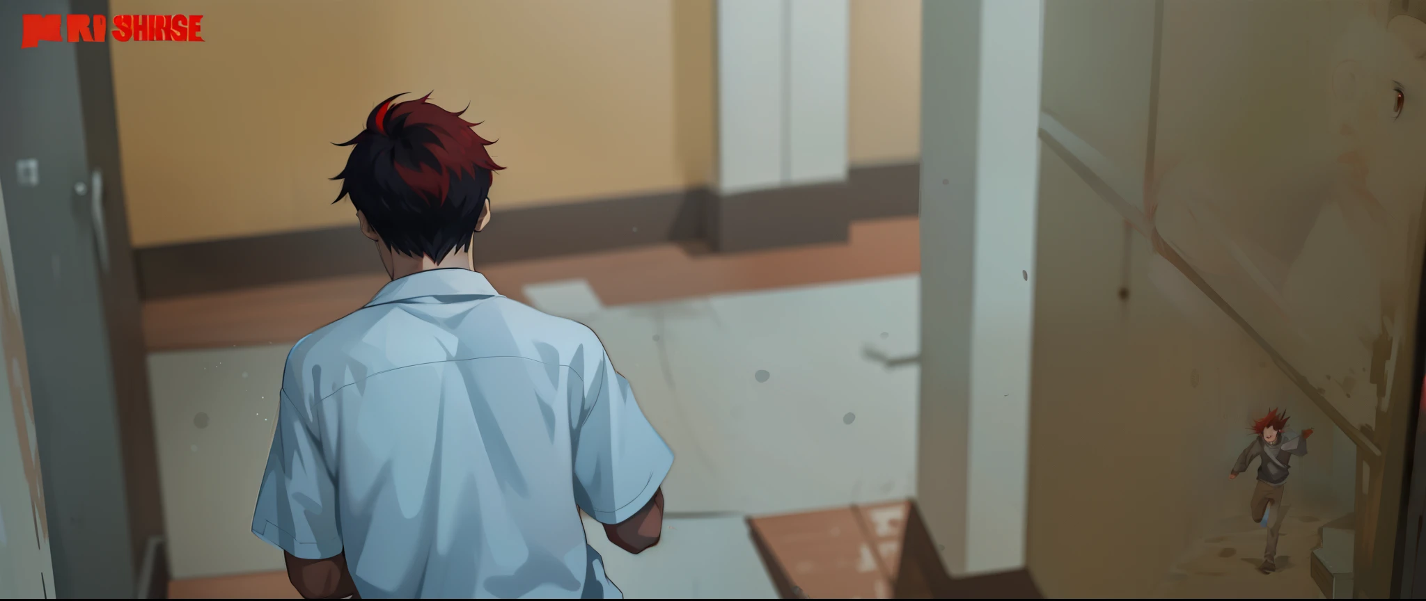 (estilo anime 2d plano) young man is scared worried he is scared he has red hair red eyes he is on his back running down stairs