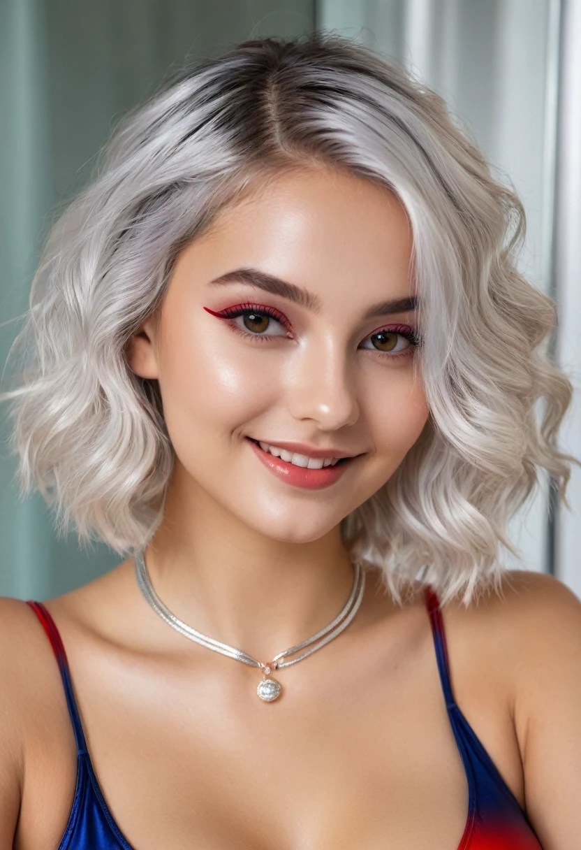 hyperrealistic beautiful busty 18-year-old teen girl with long legs wearing shiny metallic red-navy onepiece string-swimsuit, model shooting full body photography, dyed white hair with curly bob, dark eye makeup with eyeliner, seductive smile, small necklace, 8K, Best quality, Meisterwerk, ultra high resolution, (Realismus: 1.4), Originalfoto, (realistische Hautstruktur: 1.3), (Filmkorn: 1.3), (Selfie-Winkel), 1 girl, Beautiful round hazel eyes and facial details, Meisterwerk, Best quality, posing indoor in the bathroom