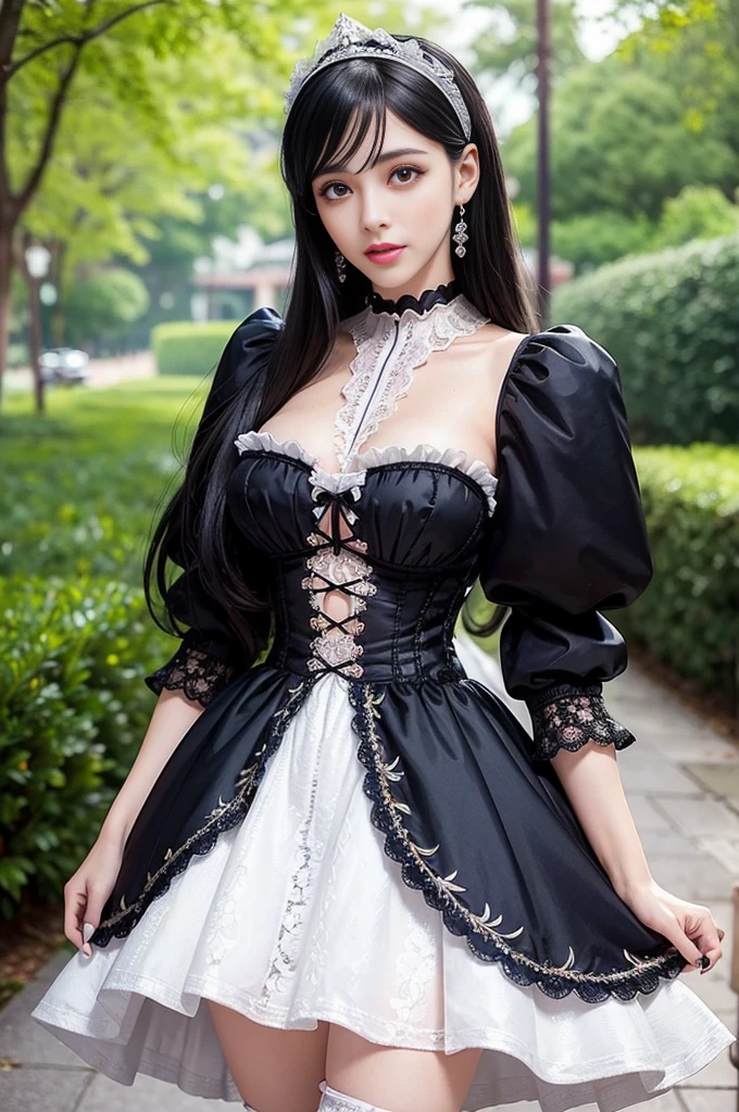 sexy stylish Spanish model, only 1 female, ((doll-like appearance)), ((ultra detailed Victorian-Style boots)), beautiful smile, ultra detailed eyes, vivid eye makeup, lipgloss, long lashes, defined eyebrows, ((sexy Paradise Kiss cosplay)), bell-shaped skirt, petticoats, high neckline, puffed sleeves, (( ultra detailed lace)), ((ultra detailed embroidery)), intricate details, Paradise Kiss accessoires and matching headpiece, choker, ((large sparkling Paradise Kiss jewelry)), cinematic light, detailed large park background with trees