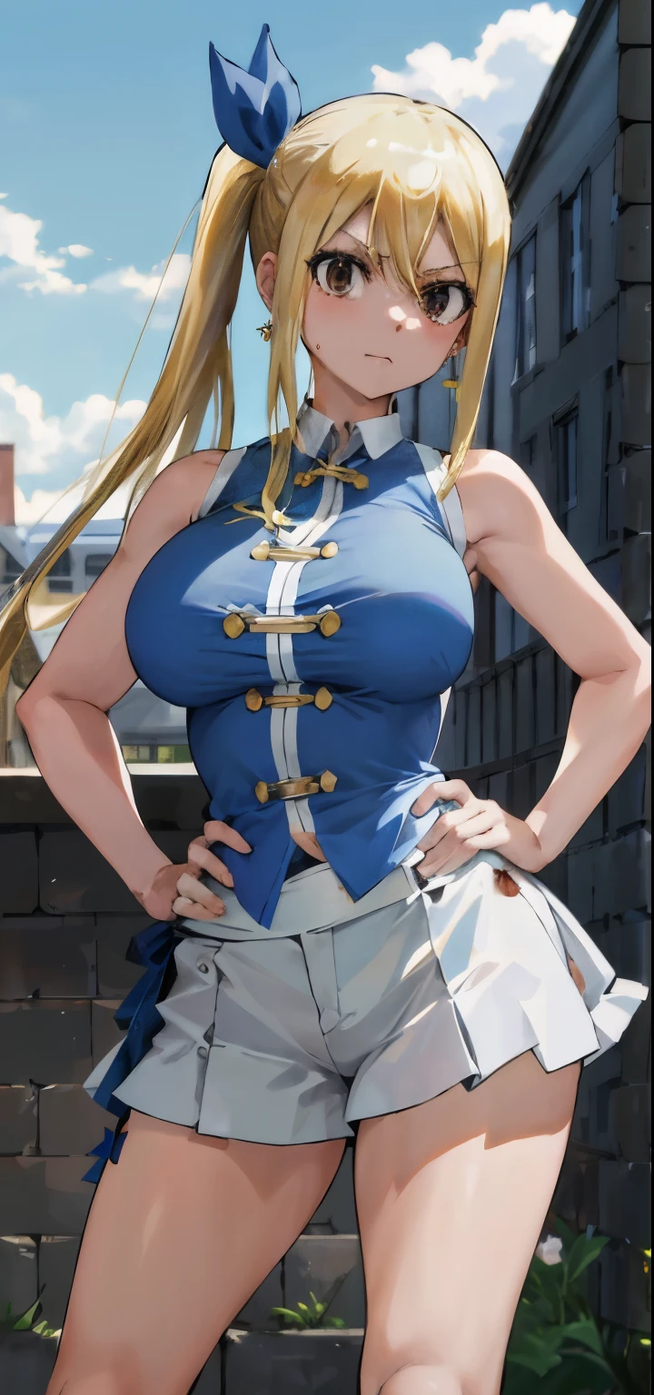 asterpiece, best quality, highres, lucy heartfilia, blonde hair, long hair, side ponytail, blue ribbon, large breasts, earrings, standing, outdoors, town, house, cowboy shot, looking at viewer, hand on hip, dominant, blood, sadistic, bloody, sleeveless