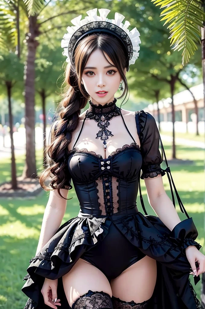 sexy stylish Spanish model, only 1 female, ((doll-like appearance)), ((ultra detailed Victorian-Style boots)), beautiful smile, ultra detailed eyes, vivid eye makeup, lipgloss, long lashes, defined eyebrows, ((sexy Paradise Kiss cosplay)), bell-shaped skirt, petticoats, high neckline, puffed sleeves, (( ultra detailed lace)), ((ultra detailed embroidery)), intricate details, Paradise Kiss accessoires and matching headpiece, choker, ((large sparkling Paradise Kiss jewelry)), cinematic light, detailed large park background with trees 