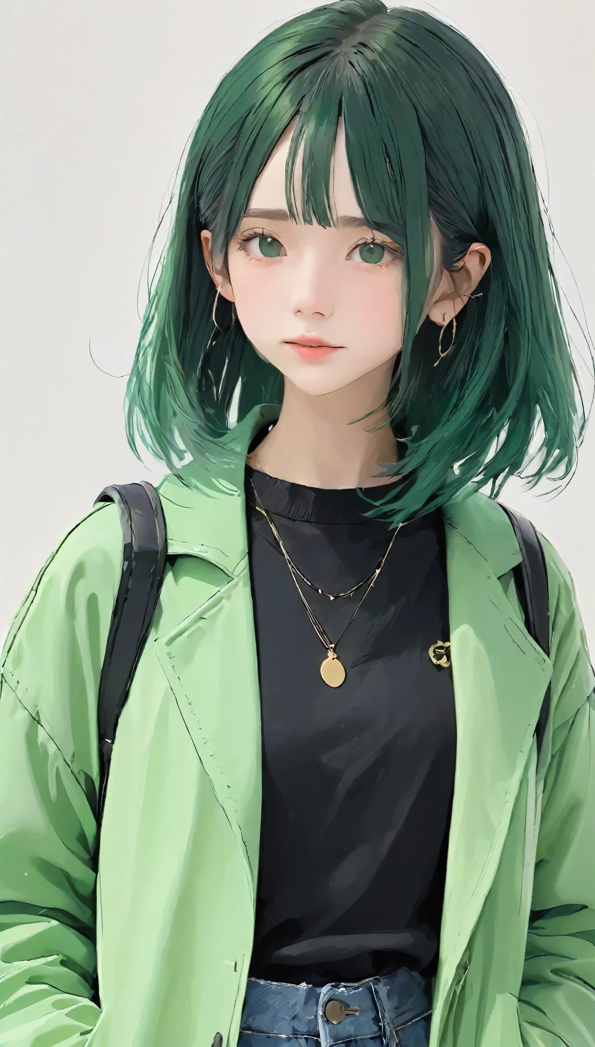 RAW Photos、Realistic、masterpiece、White Background、18-year-old female、Black and green hair girl、Casual attire such as a black or green jacket、Black-haired、Waist-length hair、Character setting diagram、The tips of the hair are golden、