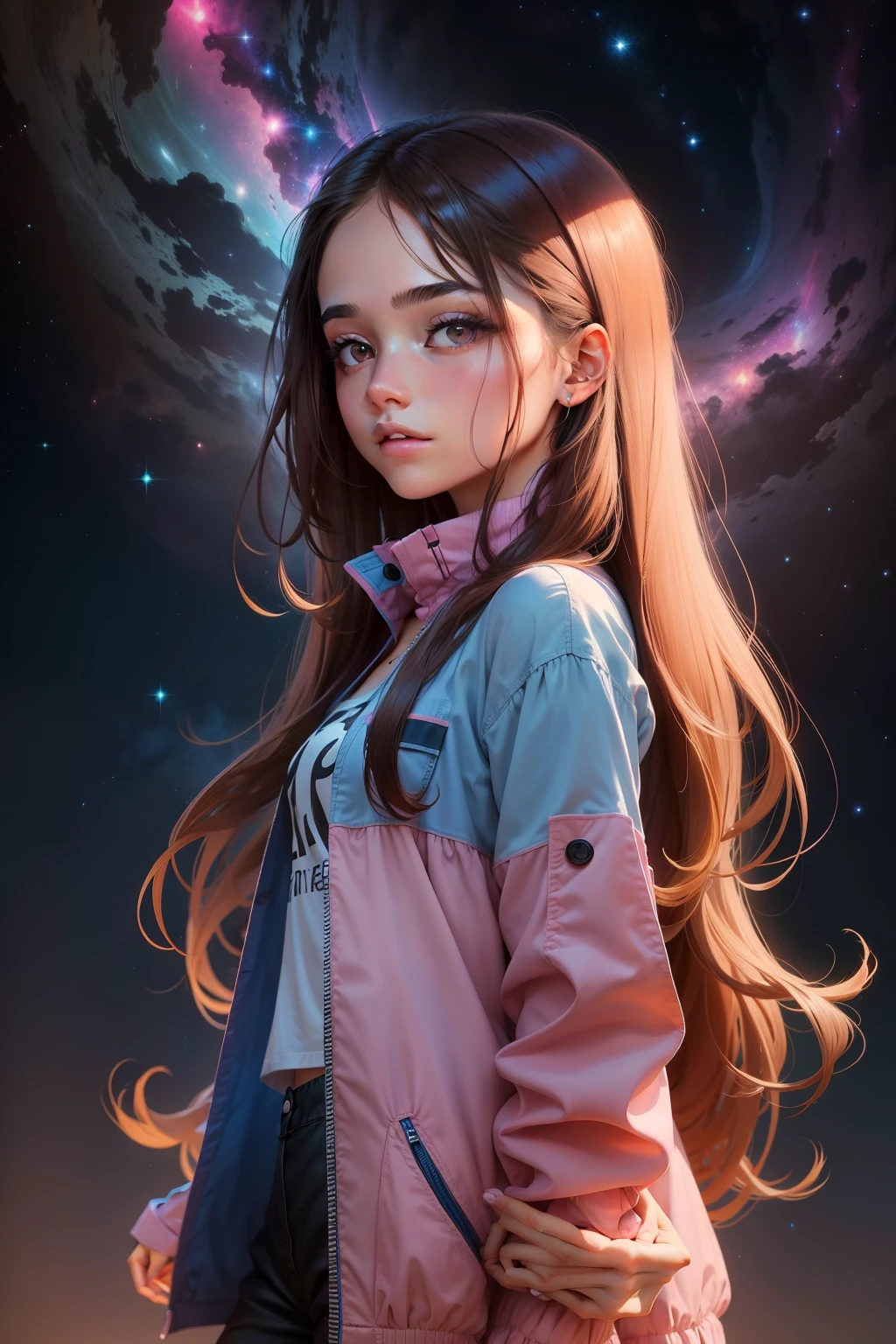 Draw a young woman with long hair and brown eyes looking at a nebula in the pink and blue night sky. ludic, sonho, minimalismo. romantic clothes. 
