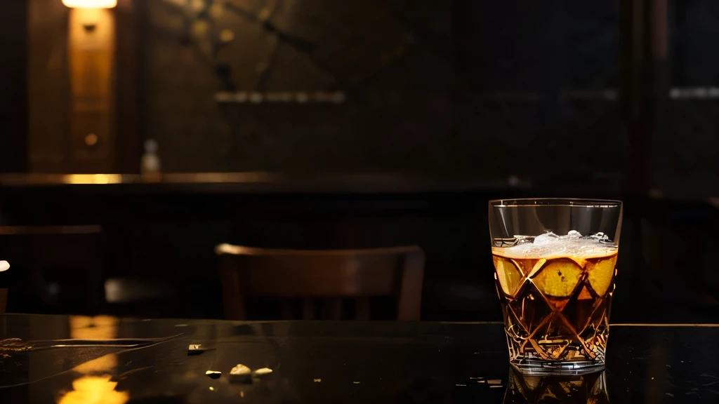 An empty broken and shattered glass cup in a dark athmosphere bar.