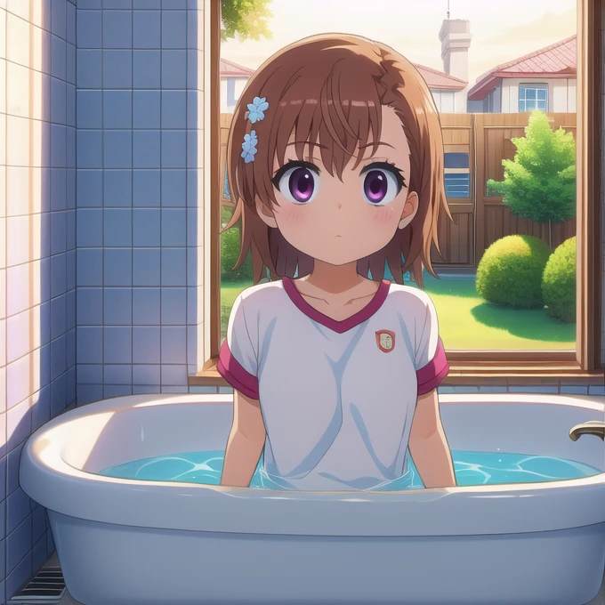 (masterpiece, best quality, detailed:1.5), magenta theme, 1girl,  bathroom window, from side, bathtub filled with water, towel wrap body, curtain, white tile wall BREAK misaka mikoto 