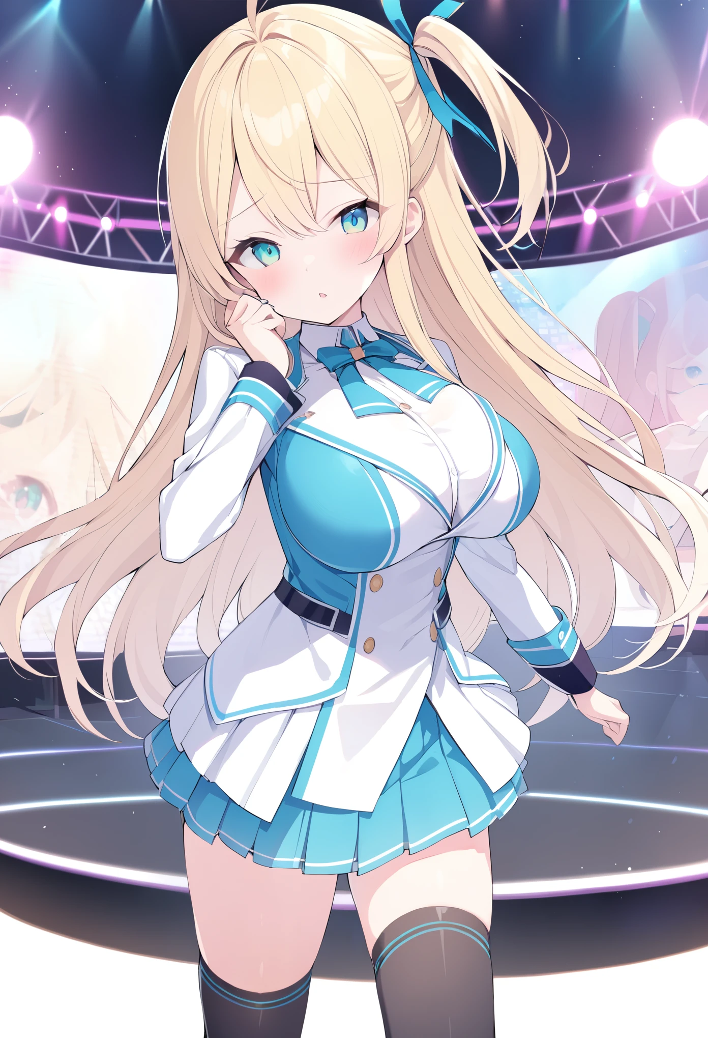 
blonde hair, long hair, One Side Up, aqua eyes., Big Breasts, Live Stage, uniform, solo