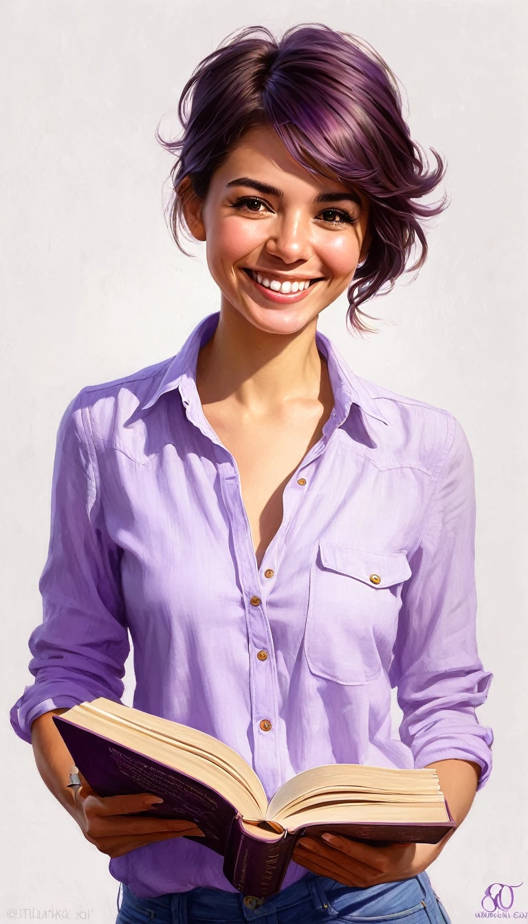 crea una mujer sonriendo con pelo corte pixie ,con camisa lila claro, con un libro ,obra maestra, estilo ilustracion de Ali Erturk, alto detalle, hiperrealista, luz natural,ilustracion , colores llamativos