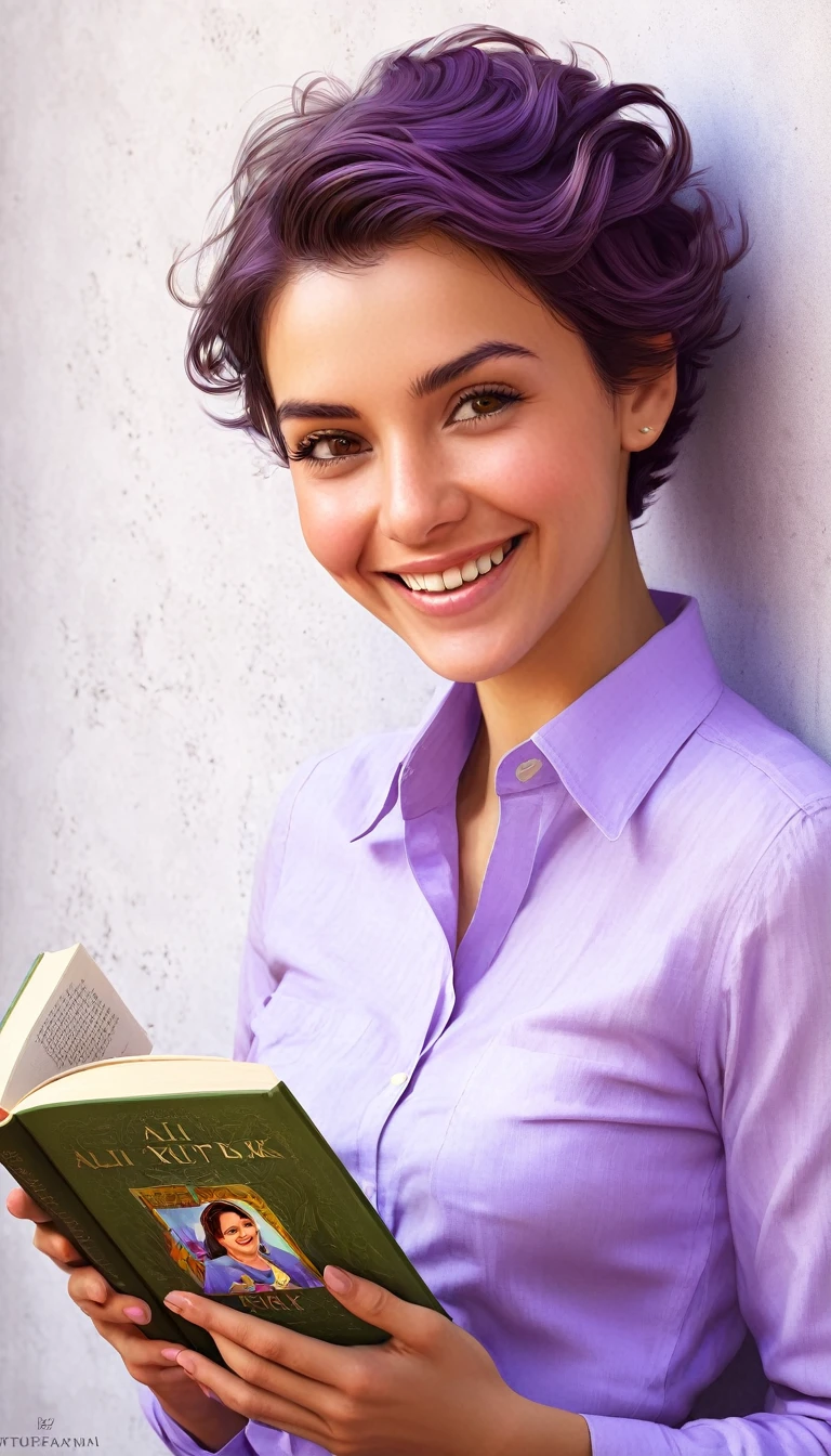 crea una mujer sonriendo con pelo corte pixie ,con camisa lila claro, con un libro ,obra maestra, estilo ilustracion de Ali Erturk, alto detalle, hiperrealista, luz natural,ilustracion , colores llamativos