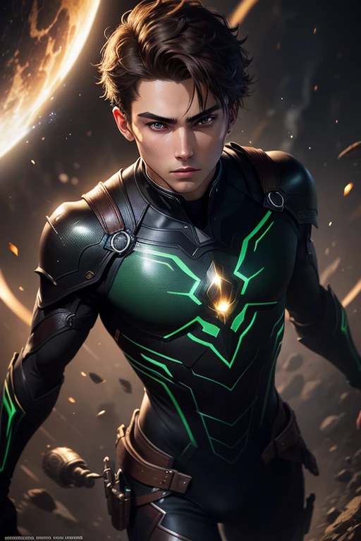 A brown-haired, green-eyed 15-year-old male assassin, intricate detailed face and eyes, flawless skin, mysterious expression, sleek black bodysuit, cosmic energy swirling around, dark shadowy background, cinematic lighting, highly detailed, photorealistic, digital art, masterpiece