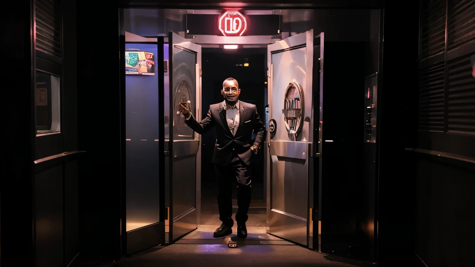 a night club entrance with a strange man inside, looking at us, terrorizing smile, waiting for us to enter, off-putting