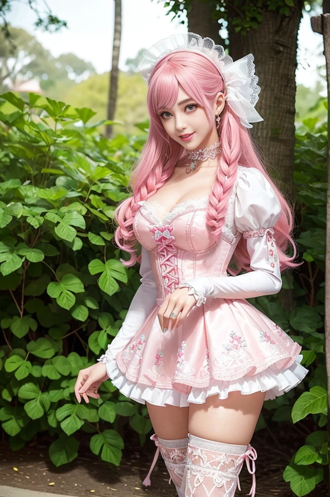 sexy stylish female model, only 1 female, ((doll-like appearance)), long neon pink stylish hair, ((ultra detailed Victorian-Style boots)), (big smile), ultra detailed eyes, vivid eye makeup, lipgloss, long lashes, defined eyebrows, ((sexy Paradise Kiss cosplay)), bell-shaped skirt, petticoats, high neckline, puffed sleeves, (( ultra detailed lace)), ((ultra detailed embroidery)), intricate details, Paradise Kiss accessoires and matching headpiece, choker, ((large sparkling Paradise Kiss jewelry)), cinematic light, detailed large park background with trees 