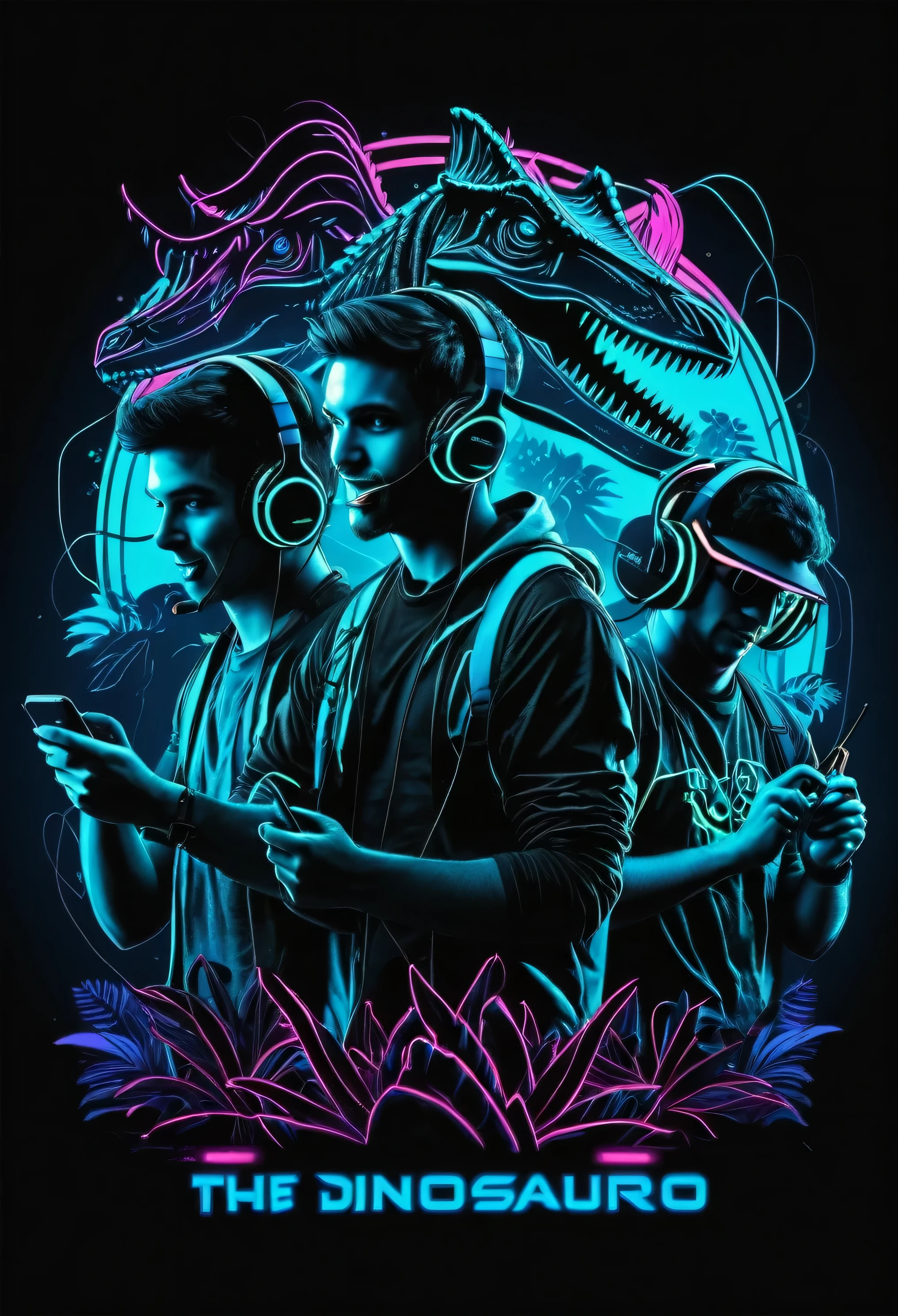 3 dinossauros gamers, usando headset, equipe de dinossauros, com plano de fundo preto e neon, PC gaming themed background, neons intenso