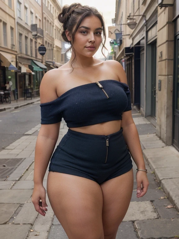 Beautiful sensual and erotic woman with curvy body, cheveux longs et noirs, frange, (double bun), ((big curvy body,)), Taille la plus large, thick, beaux seins bi ajustés, Curved Accented Loot, detailed sparkling olive green eyes, les yeux sont vert olive, long cils, sourire sensuel, cuisses thickses, sourit avec incertitude à la caméra, ((wearing off-shoulder t-shirt, wool short pant, dark blue color, zipper, short sleeve,)), downtown,((city, sidewalk)), bracelet, photorealistic, chef-d'artwork, Bokeh, volumetric lighting, ambiance sensuelle, Full body view, smile, (big ass),