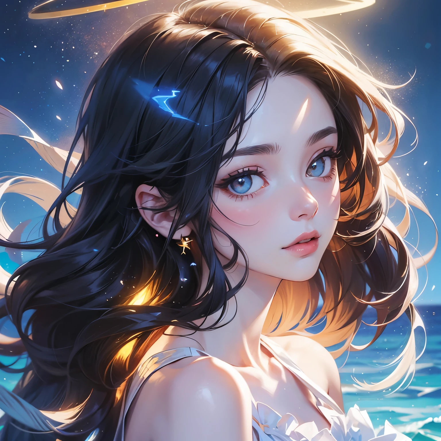 portrait, woman(best qualtiy), ((tmasterpiece)), 1(solo),half-body portrait, Delicate face, looking at viewert, Firm eyes, exposed bare shoulders, Um ser celestial, light particules, The halo,the ocean, Full of energy, Colorful colors, (Bio-luminescence),(Detailed composition), light
