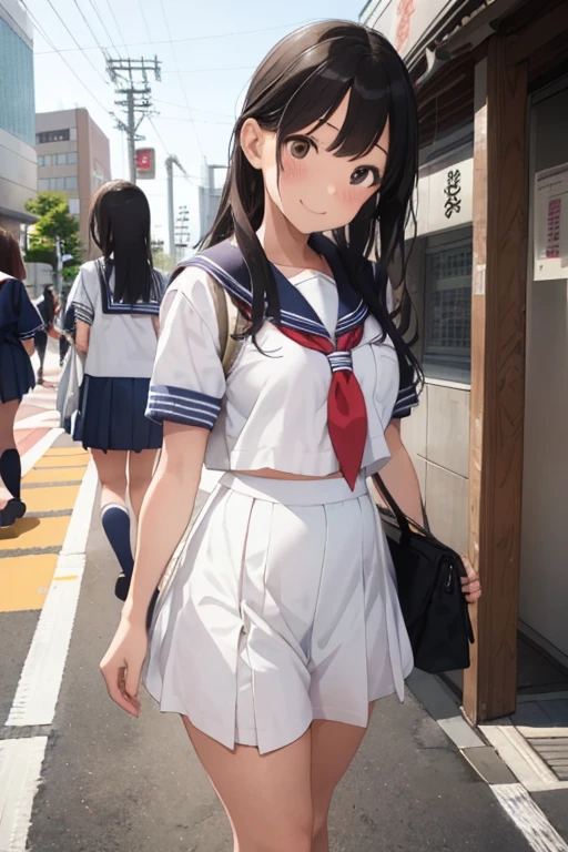 18-year-old girl, School Uniform(Sailor suit, Summer clothes), Downtown Japan(Yokohama, Sakuragicho, In front of the station), smile, Walking, profile, looking at the camera, 