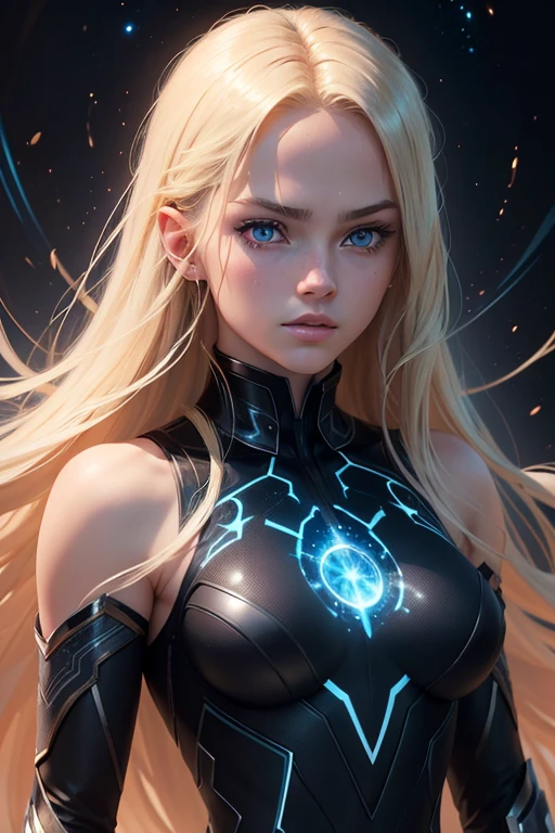 A beautiful blonde-haired, blue-eyed 16-year-old female assassin with cosmic powers, intricate detailed face and eyes, long lashes, flawless skin, mysterious expression, sleek black bodysuit, cosmic energy swirling around, dark shadowy background, cinematic lighting, highly detailed, photorealistic, digital art, masterpiece