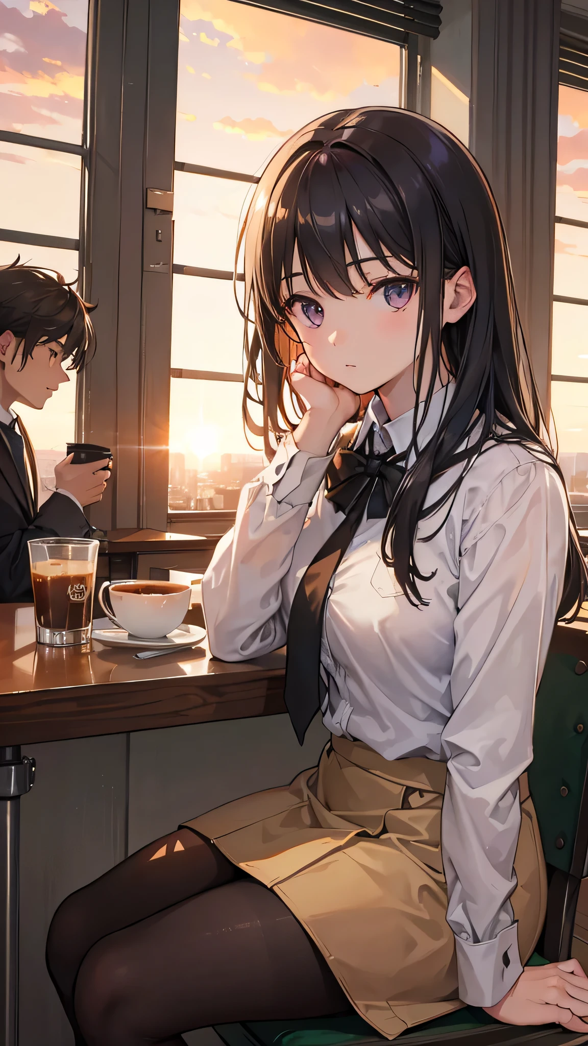 1 person in a cafe, 1 high school girl, counter seats, sunset light through the window, two people sitting across from each other with two coffee cups, man in suit, woman in , detailed facial features, realistic, intricate details, cinematic lighting, warm color tones, masterpiece, 8k, photorealistic, highly detailed