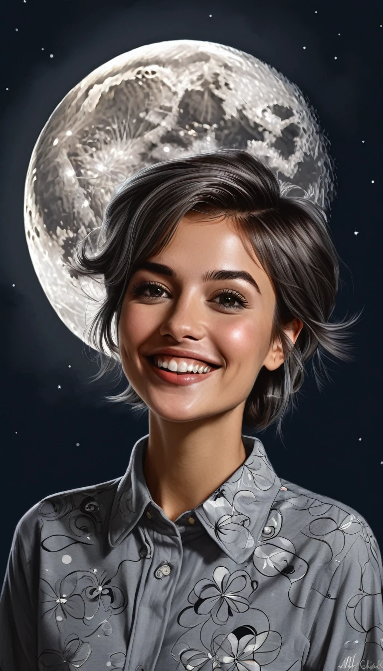 crea un fondo oscuro con luna con una mujer pelo corto pixie sonriendo ,con camisa gris con cuello allto , obra maestra, estilo ilustracion de Ali Erturk, alto detalle, hiperrealista, luz natural,ilustracion , colores llamativos