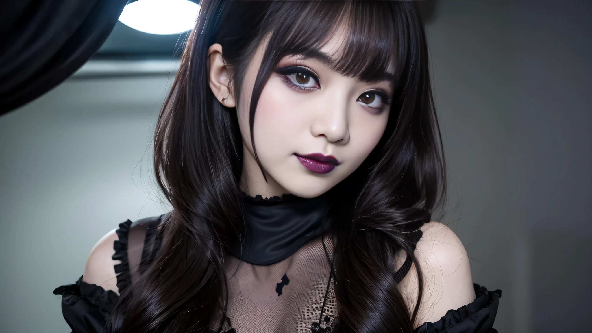 best quality、ultra-detailed、4k、Japanese、Seductive beauty、seductive adult woman、Pretty Woman、cool girl、Villainess、Brainwashed、brainwash、Fallen into evil、smirk、Evil look、Wicked Smile、evil、Brown hair、wavy hair、swept bangs、dark makeup、dark makeup、piercing eyes、hollow eyes,half-closed eyes、Hollow Eyes、purple Eyeshadow、black lipstick、black lipglos、night、inside darkroom、Are standing、shoot from below、Black Wedding Dress、Have lipstick、spider、Emblem of Evil、Crest of Darkness、Swear allegiance、I have pledged my allegiance、Dye black、Blackening、Stained with evil、Dyed in darkness、Seduce