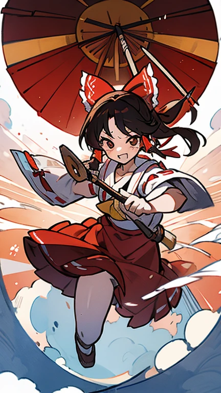 Reimu hakurei, , cabelo castanho abaixo do ombro, roupa tradicional de sacerdotisa japonesa, Shinto shrine background, sorrindo, gohei on the left hand, design de capa de light novel