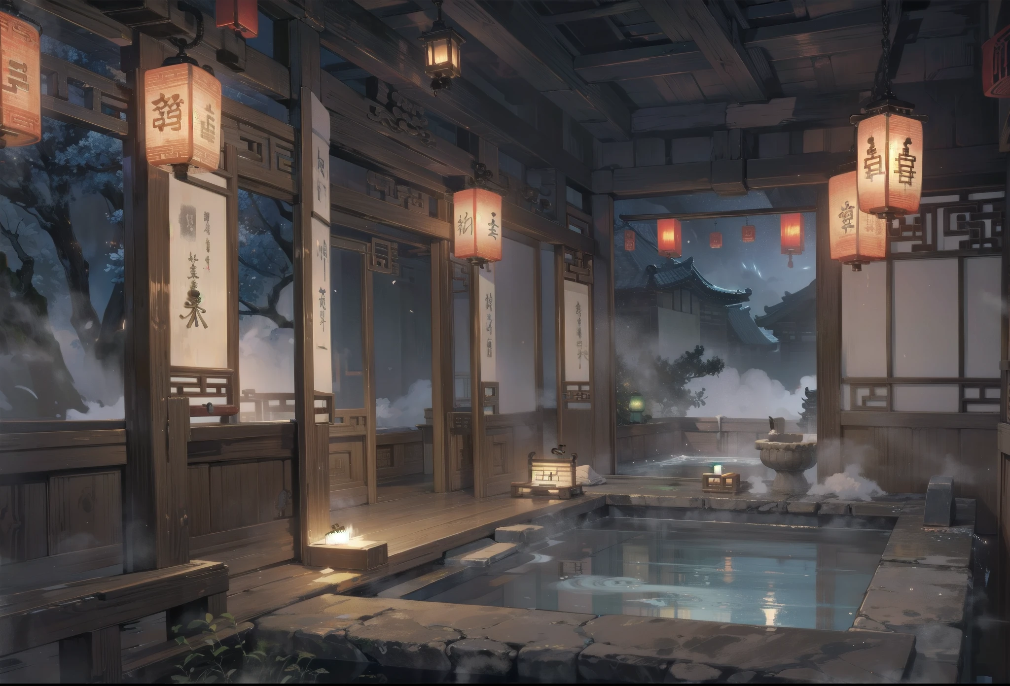 Old ancient chinese bathroom, mansion bathroom, ancient chinese bathroom, steamy bath, scene, scenery, empty, traditional chinese bathroom, detailed room, night, nitghtime