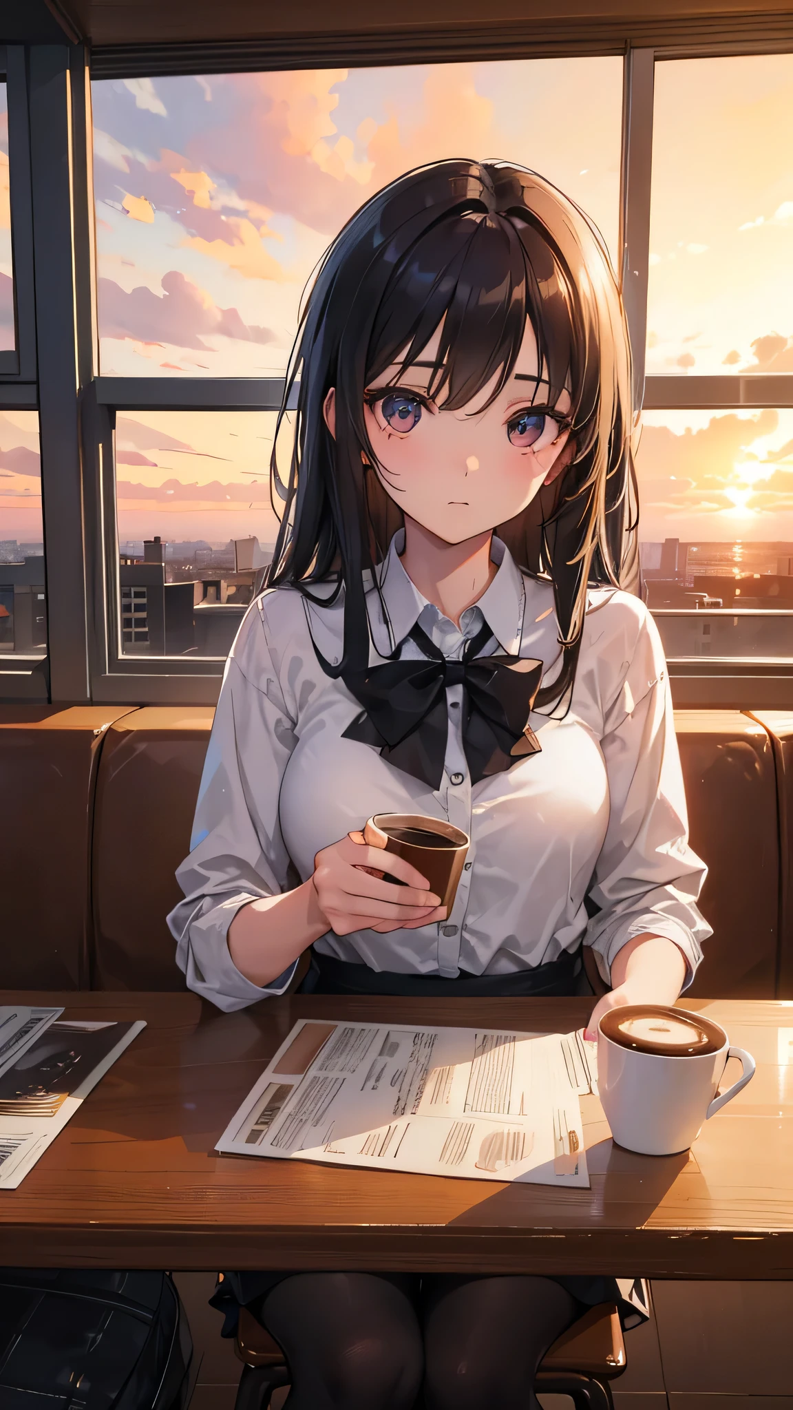 1 person in a cafe, 1 high school girl, counter seats, sunset light through the window, two people sitting across from each other with two coffee cups, man in suit, woman in , detailed facial features, realistic, intricate details, cinematic lighting, warm color tones, masterpiece, 8k, photorealistic, highly detailed