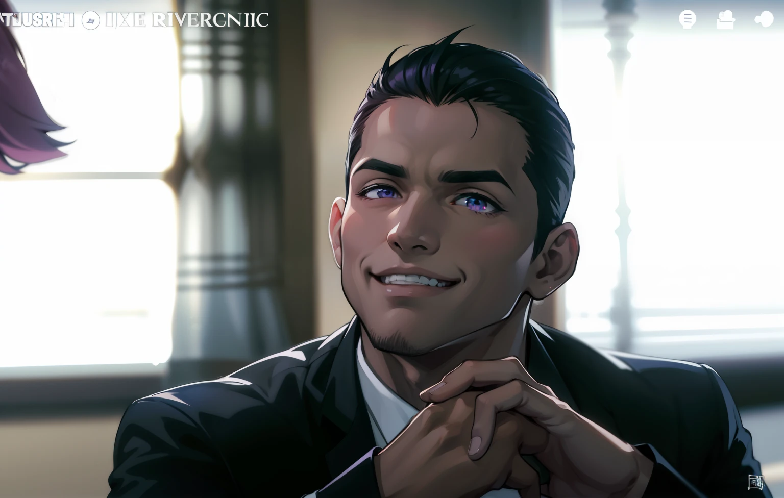 (estilo anime 2d plano)hombre malvado sonrrisa picara ironica malvada cabello morado ojos de color morado