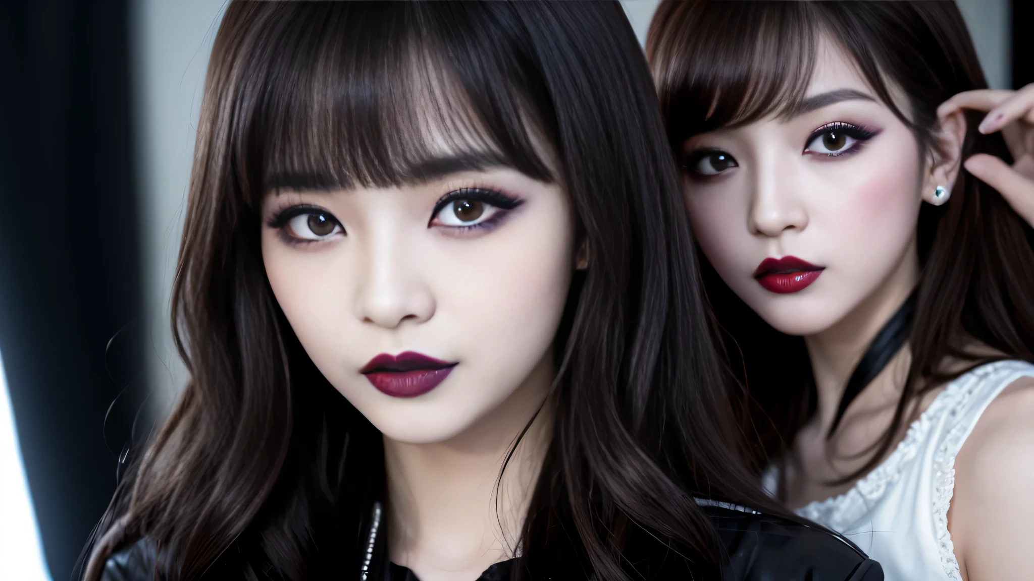 best quality、ultra-detailed、4k、Japanese、Seductive beauty、seductive adult woman、Pretty Woman、cool girl、Villainess、Brainwashed、brainwash、Fallen into evil、smirk、Evil look、Wicked Smile、evil、Brown hair、wavy hair、swept bangs、dark makeup、dark makeup、piercing eyes、hollow eyes,half-closed eyes、Hollow Eyes、purple Eyeshadow、black lipstick、black lipglos、night、inside darkroom、Are standing、shoot from below、Have lipstick、pantyhose、Emblem of Evil、Crest of Darkness、Swear allegiance、I have pledged my allegiance、Dye black、Blackening、Stained with evil、Dyed in darkness、Seduce