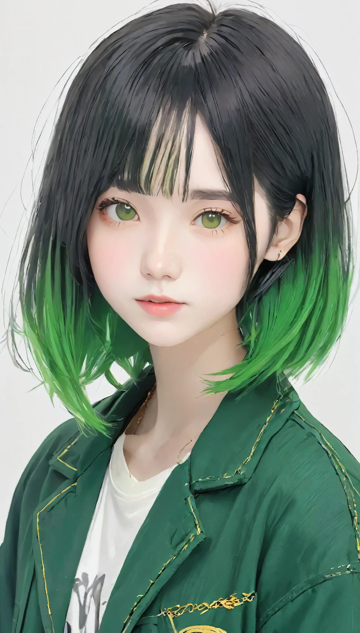 RAW Photos、Realistic、masterpiece、White Background、18-year-old female、Black and green hair girl、Casual attire such as a black or green jacket、Black-haired、Waist-length hair、Character setting diagram、The tips of the hair are golden、