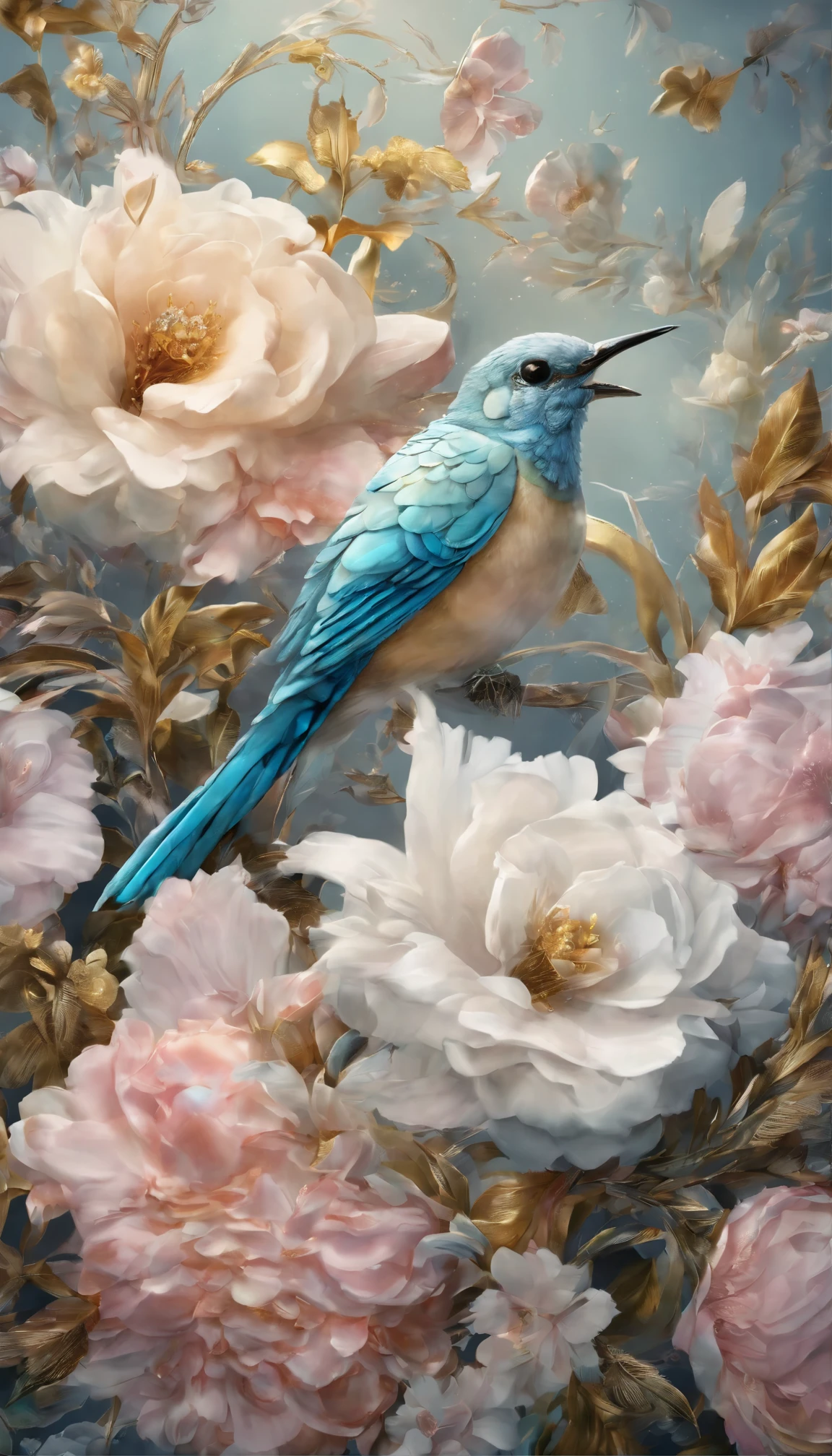 All expressed with jewels, the arrival of spring, various beautiful colorfull birds,
, angles looking up from below, various jewels falling from the sky, wonderful and beautiful superb view, slightly hazy, fantastic, high resolution, 8K, (best quality, highres, realistic:1.37), shiny metallic flowers, intricate and delicate petals, reflective surfaces, vibrant colors, intricate details, close-up view, surreal garden, surreal beauty, dreamy atmosphere, fine art, abstract botanicals, metallic sculpture, contrasting textures, ethereal glow