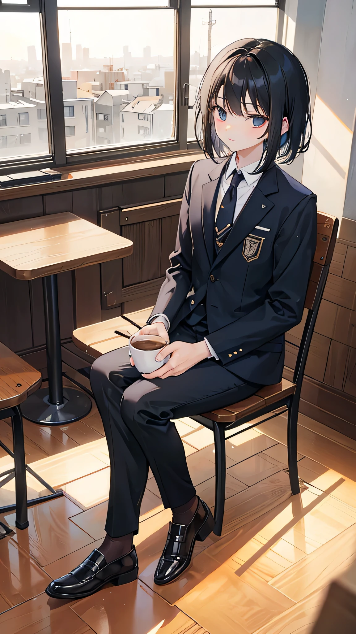 Coffee shop, inside the shop, evening, the setting sun shining in through the window, (25-year-old man: 1 person), (man has short black hair), (man is wearing a suit) (18-year-old high school girl: 1 person), (high school girl has long black hair), (high school girl is in uniform), counter seats, two people sitting facing each other, two coffee cups between them, the outside of the window is not shown