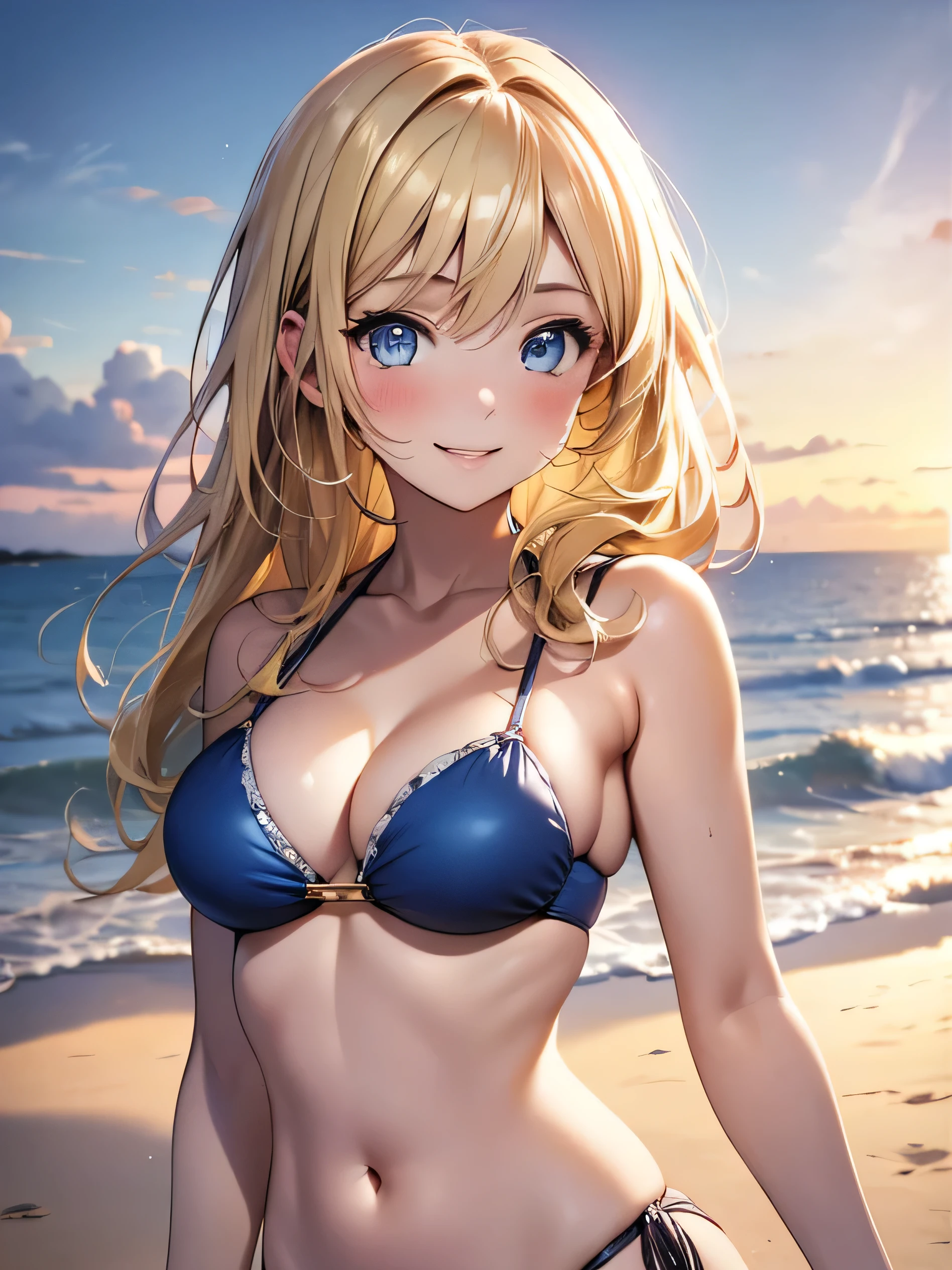 masterpiece, best quality, 1 girl, blonde hair, blue eyes, cute, blue bikini, smile, sunset, upper body