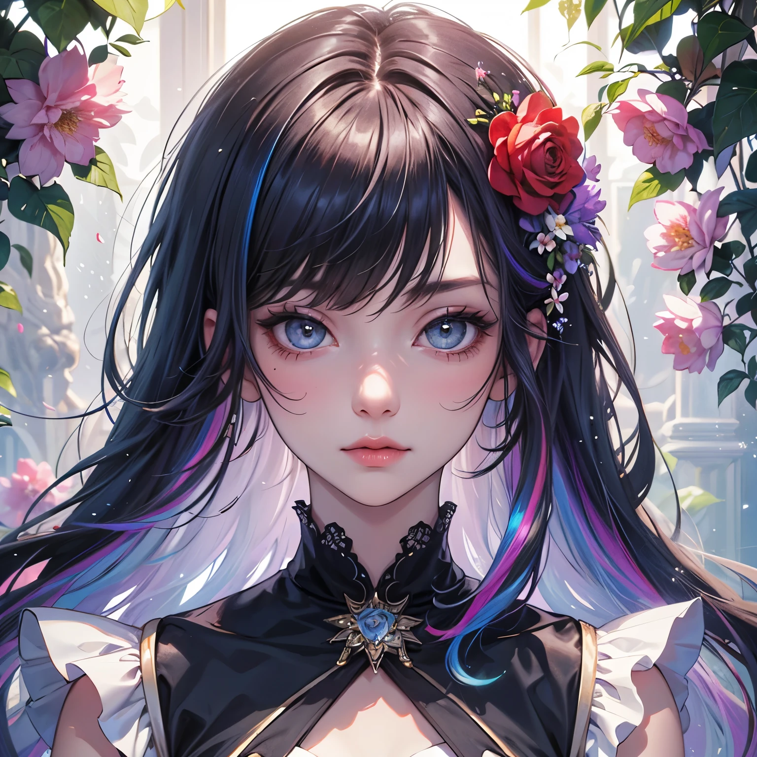 portrait woman,（In 8K, highest quality, pieces fly:1.2)、ultra high resolution,1 female 、super detailed face,fine eyes,,((rainbow hair)),asymmetrical bangs,((flower dress)),ruffle skirt,break,(rainbow light:1.4),botanical garden