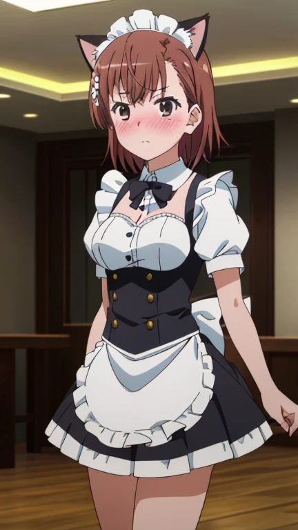 (highest quality, 8k, High resolution, masterpiece:1.2), Anime art style, colorful, Hyper Detail, misaka mikoto, Short Hair, 1 girl, Perfect Face, eye_Light_big, Small medium breasts, Soft look, alone, (Maid clothes,mini skirt,Cat ear,blush,maid Cafe), Dynamic Angle, Cowboy Shot, Watching the audience,