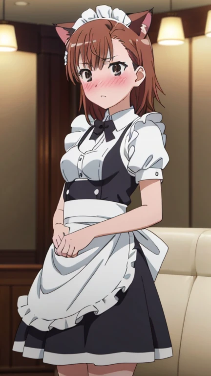(highest quality, 8k, High resolution, masterpiece:1.2), Anime art style, colorful, Hyper Detail, misaka mikoto, Short Hair, 1 girl, Perfect Face, eye_Light_big, Small medium breasts, Soft look, alone, (Maid clothes,mini skirt,Cat ear,blush,maid Cafe), Dynamic Angle, Cowboy Shot, Watching the audience,