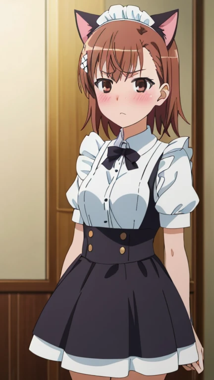 (highest quality, 8k, High resolution, masterpiece:1.2), Anime art style, colorful, Hyper Detail, misaka mikoto, Short Hair, 1 girl, Perfect Face, eye_Light_big, Small medium breasts, Soft look, alone, (Maid clothes,mini skirt,Cat ear,blush,maid Cafe), Dynamic Angle, Cowboy Shot, Watching the audience,